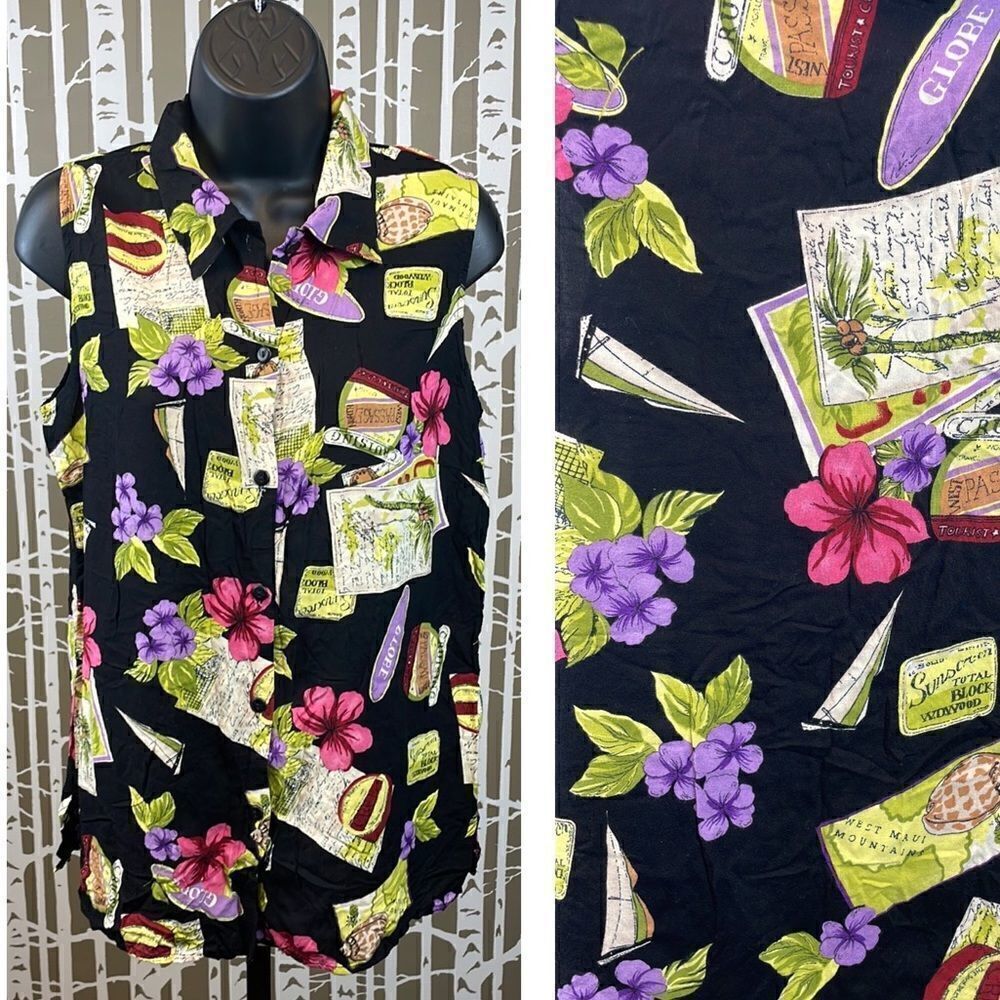 Vintage Y2K rayon black novelty travel print button up sleeveless blouse